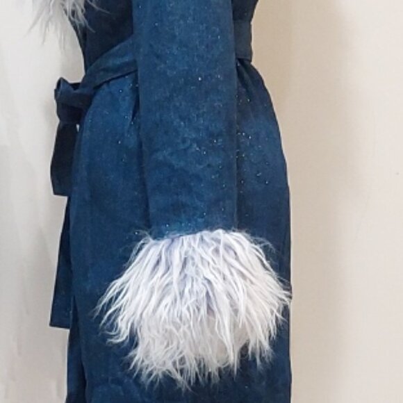 💋GORG!💋LIMITED EDITION FAUX MONGOLIAN FUR COLLAR GLITTERY DENIM AFGHAN COAT - Picture 6 of 16